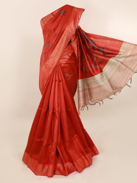 Pothys Rust Printed Jute Silk Saree