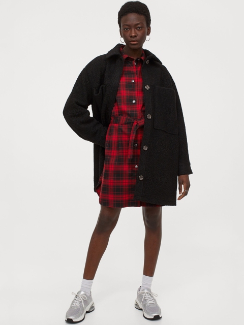 H&M Women Red & Black Checked Cotton Shirt Dress