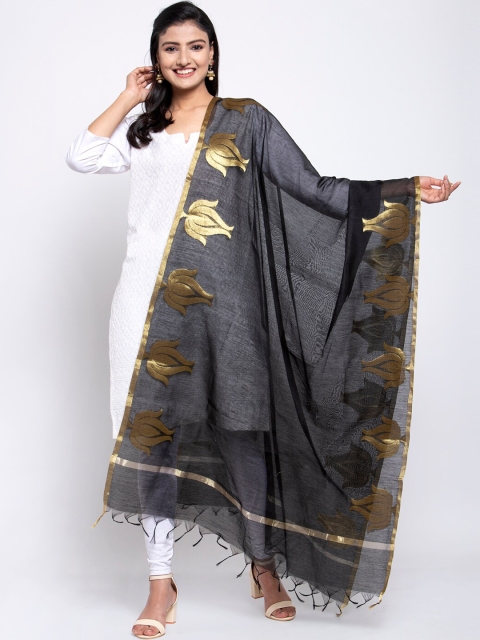 LOOM LEGACY Black & Gold-Toned Banarsi Cotton Silk Jacquard Dupatta