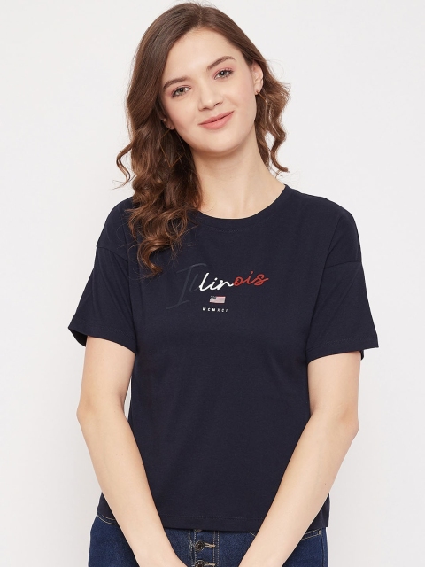 Octave Women Navy Blue Printed Round Neck T-shirt