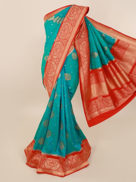 Pothys Turquoise Blue & Gold-Toned Pure Silk Woven Design Saree