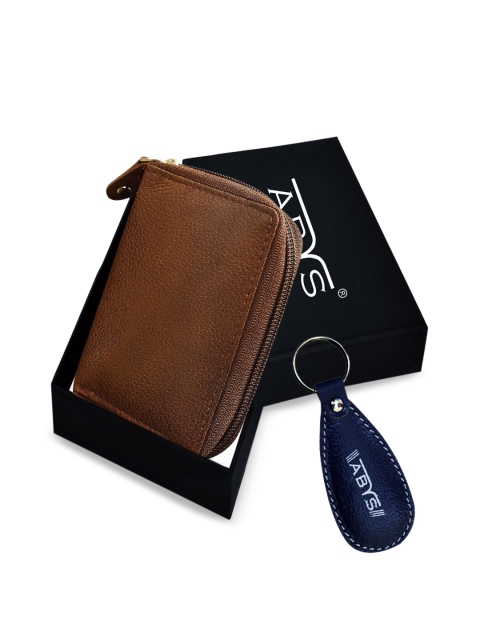 ABYS Unisex Brown & Navy Blue Solid Genuine Leather Accessories Gift Set
