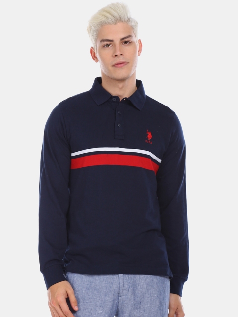 U.S. Polo Assn. Men Blue Striped Polo Collar Cotton Pure Cotton T-shirt