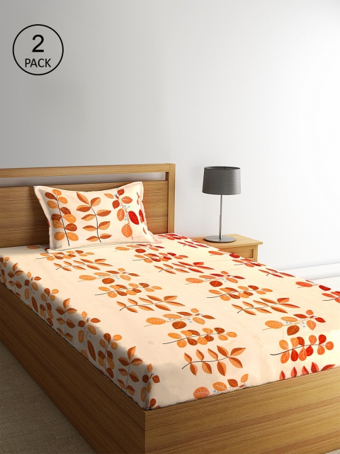 KLOTTHE Beige & Orange Floral 210 TC Polycotton 2 Single Bedsheet with 2 Pillow Covers