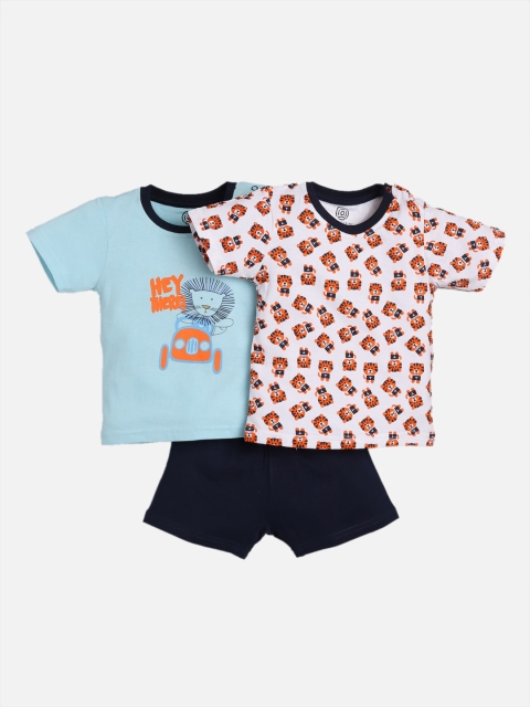 TAMBOURINE Boys Blue & Orange Pure Cotton 2 Printed T-shirt with Shorts