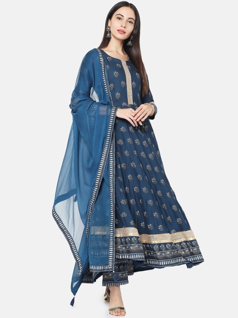 FASHOR Women Teal Printed Kurta with Trousers & Dupatta