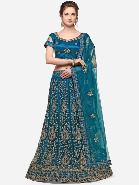 V SALES Teal Embroidered Semi-Stitched Lehenga & Unstitched Blouse with Dupatta