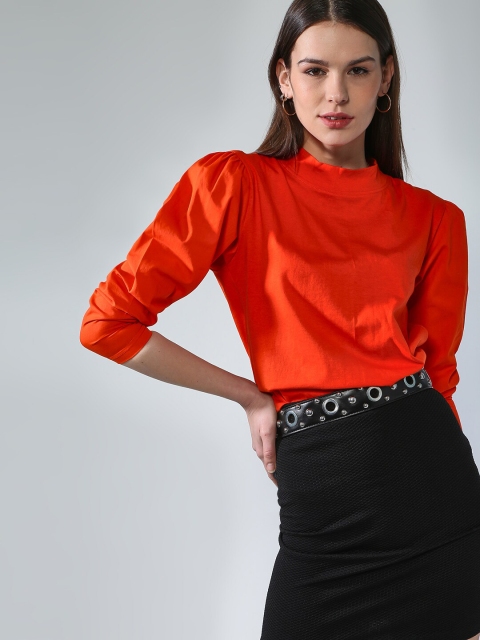 Blue Saint Women Orange Solid High Neck T-shirt