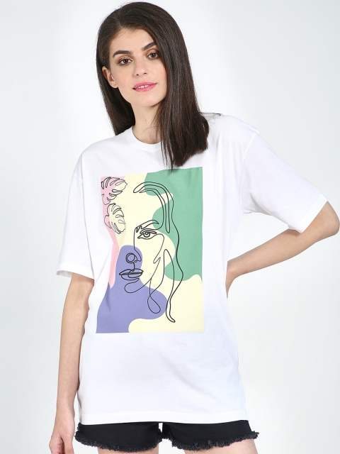 Blue Saint Women White Printed Round Neck T-shirt