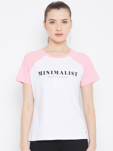 Octave Women White & Pink Printed Round Neck T-shirt