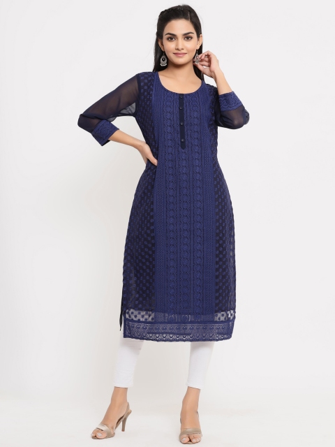 BUYCLARA Navy Blue Floral Embroidered Sequins Kurta