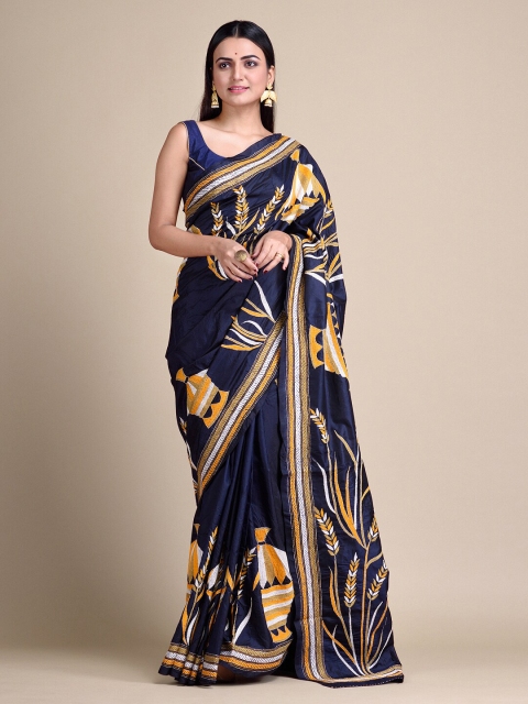 Mitera Blue & Orange Pure Silk Embroidered Handloom Saree