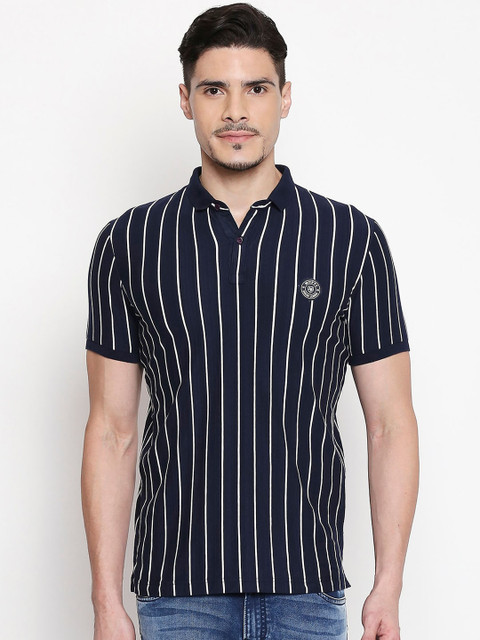 Mufti Men Navy Blue & White Striped Polo Collar T-shirt 
Mufti Men Navy Blue & White Striped Polo Collar T-shirt