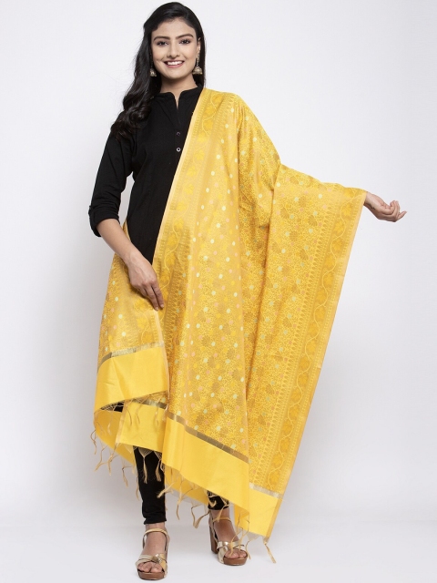 LOOM LEGACY Yellow & Gold-Toned Banarsi Cotton Silk Jacquard Dupatta