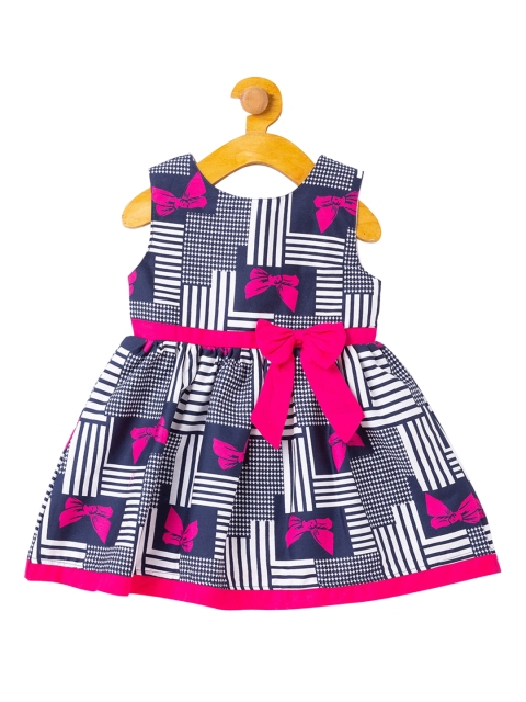The Magic Wand Girls White & Navy Blue Printed Cotton Fit and Flare Dress