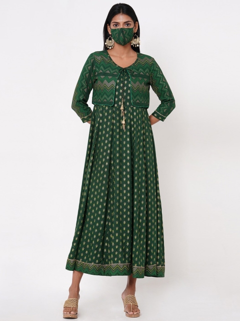 FASHOR Women Green Printed Fit and Flare Dress