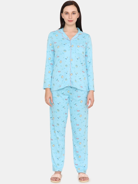 Zivame Women Turquoise Blue & Pink Printed Night Suit