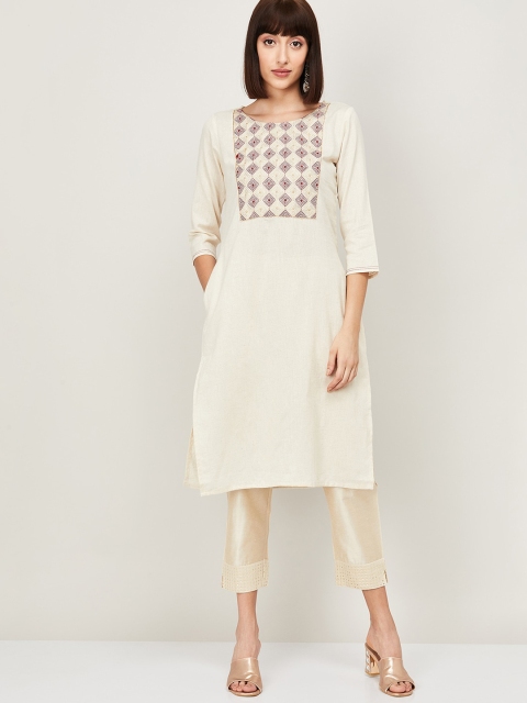 Melange by Lifestyle Women Off-White Yoke Design Straight Kurta