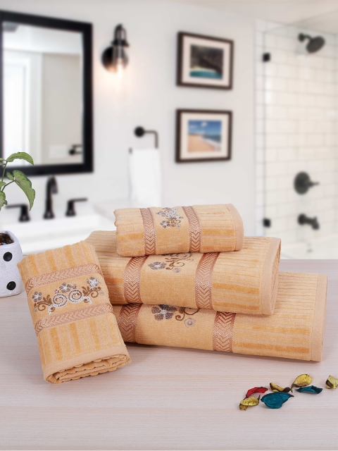 RANGOLI Unisex Set Of 4 Gold-Coloured & Brown Embroidered 380 GSM Towels