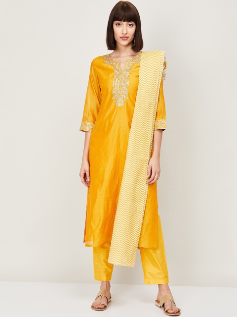 Melange by Lifestyle Women Yellow Yoke Design Kurta with Trousers & Dupatta