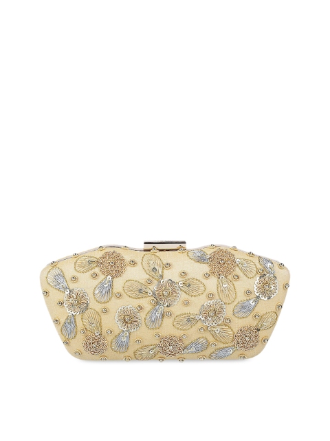 Metro Beige & Silver-Toned Printed Embellished Clutch
