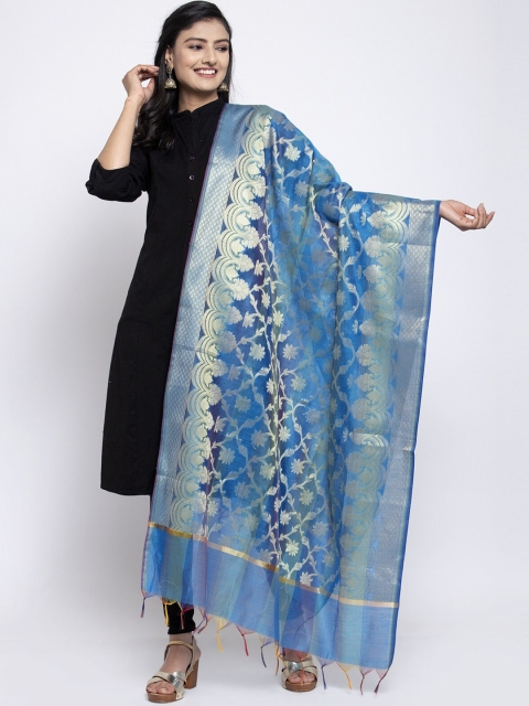LOOM LEGACY Blue & Gold-Toned Banarsi Cotton Silk Jacquard Dupatta
