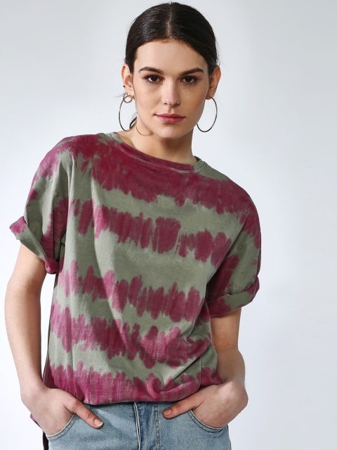 Blue Saint Women Grey & Pink Dyed Round Neck T-shirt