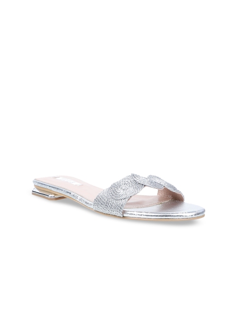 ELLE Women Silver-Toned Woven Design Open Toe Flats