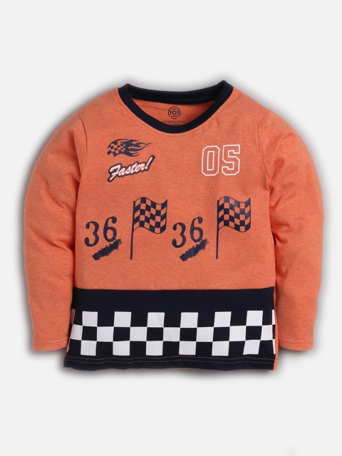 TAMBOURINE Boys Orange Printed Round Neck Pure Cotton T-shirt