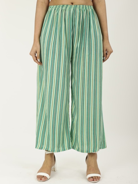 NEUDIS Women Green & Off-White Striped Flared Palazzos