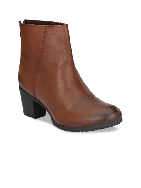 Delize Women Brown Solid Leather Heeled Boots