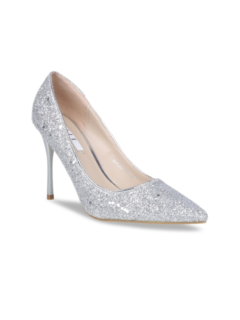 ELLE Women Silver-Toned Embellished Stiletto Heeled Pumps