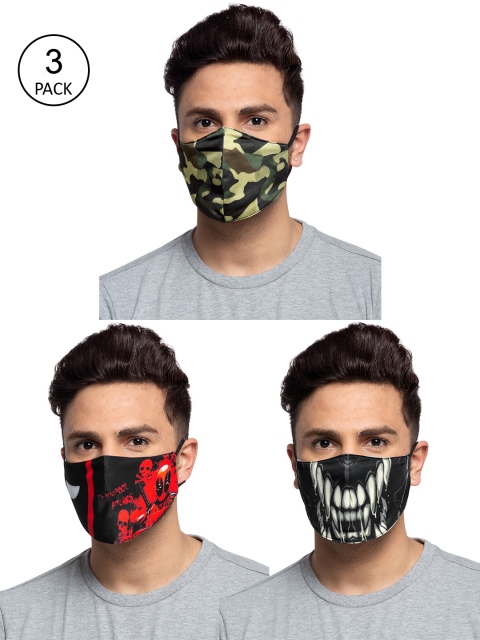 TREEMODA Men Pack Of 3 Printed 3-Ply Reusable Cloth Masks, Black