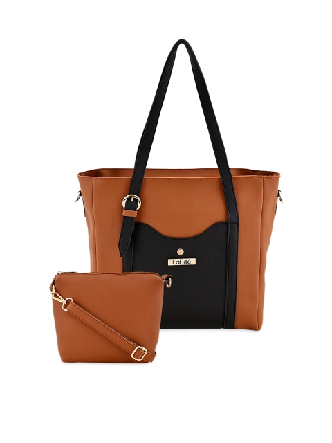 LaFille Tan Brown Solid Tote Bag with Sling Bag