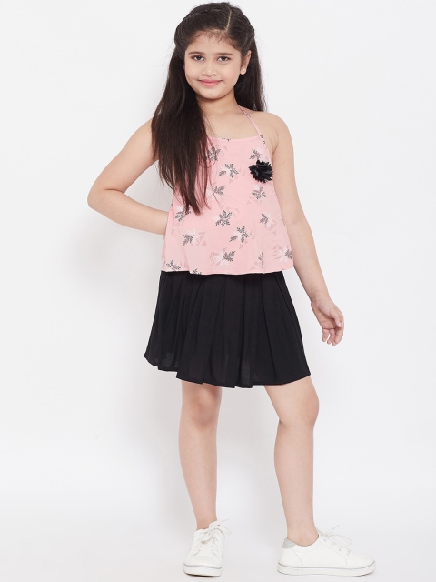 Stylo Bug Girls Pink & Black Printed Top with Skirt
