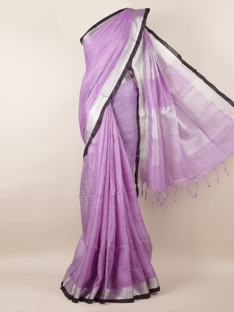 Pothys Lavender & Black Linen Blend Solid Saree With Tasselled Pallu