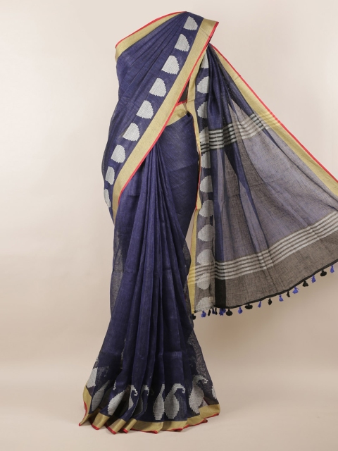 Pothys Blue Solid Linen Blend Saree