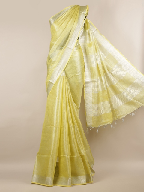 Pothys Yellow & Silver-Toned Linen Blend Solid Saree With Zari Border