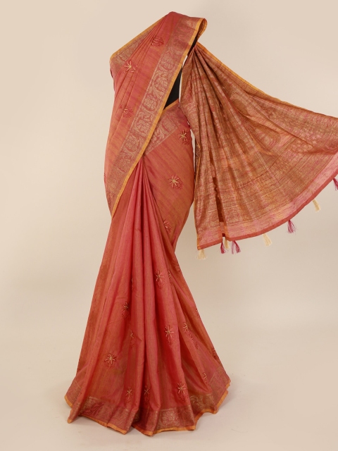 Pothys Rust Embroidered Cotton Blend Saree With Tasselled Pallu