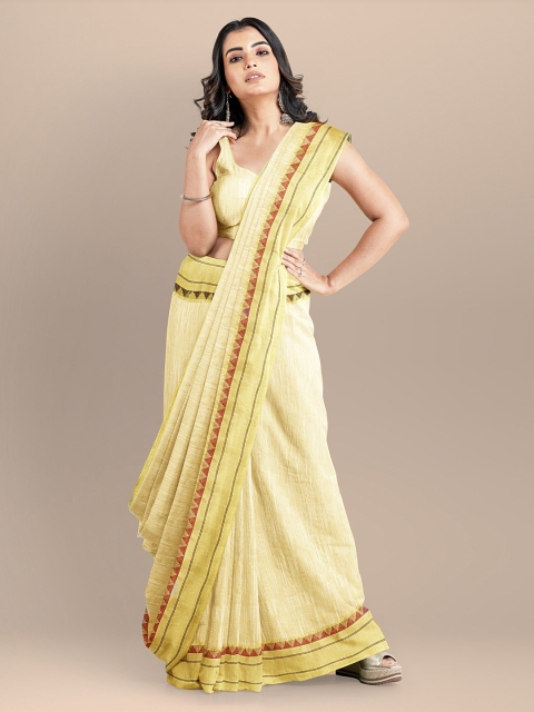 BharatSthali Yellow Silk Cotton Solid Maheshwari Handloom Saree