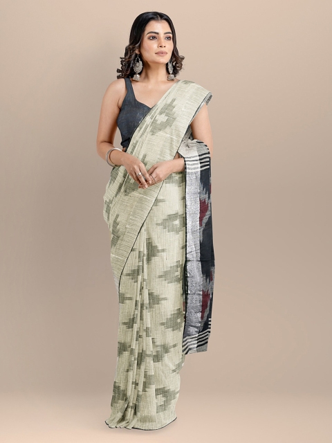 BharatSthali Off-White Pure Cotton Woven Design Ikat Saree