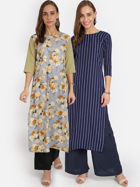 Florence Pack Of 2 Printed Crepe Boat Neck Regular Sleeves Kurtas, Grey