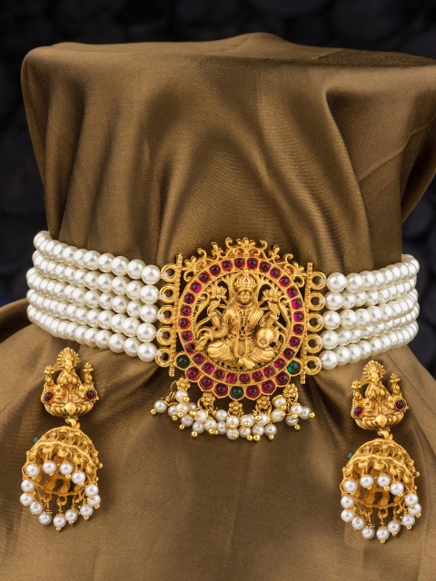 Alankruthi Gold-Plated Pink & Green Stone Studded & Beaded Temple Jewellery Set