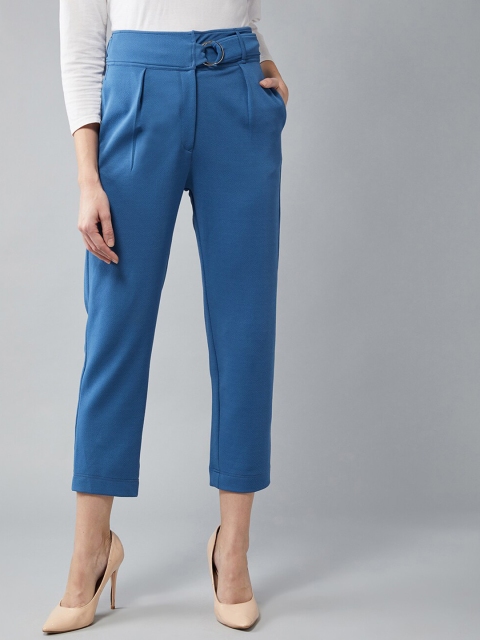 DOLCE CRUDO Women Blue Regular Fit Solid Regular Cropped Trousers