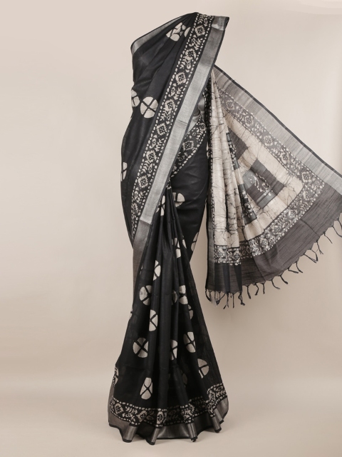 Pothys Black & Off-White Linen Blend Printed Saree