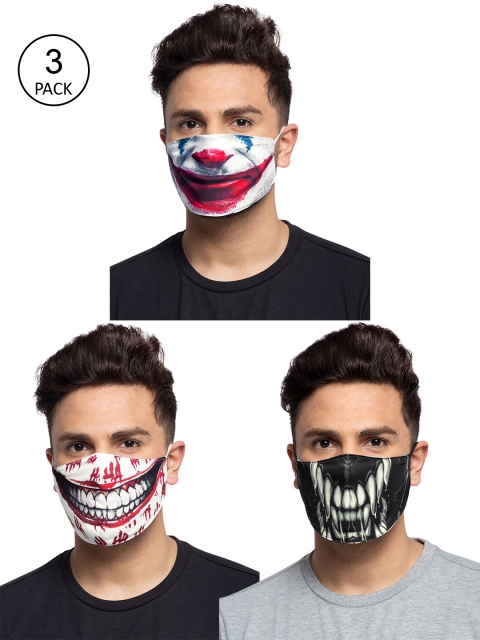 TREEMODA Men Pack Of 3 Printed 3-Ply Reusable Cloth Masks, Black