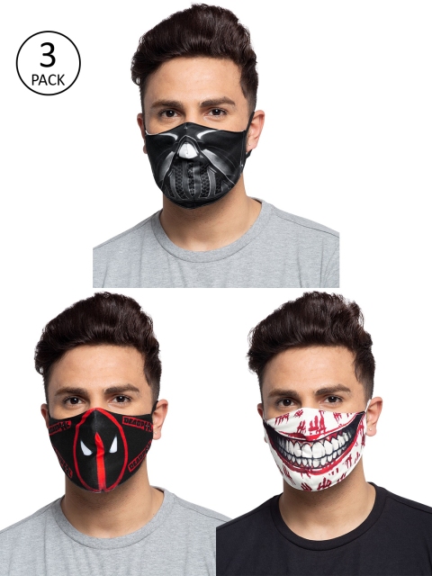 TREEMODA Men Pack Of 3 Printed 3-Ply Reusable Cloth Masks, Black