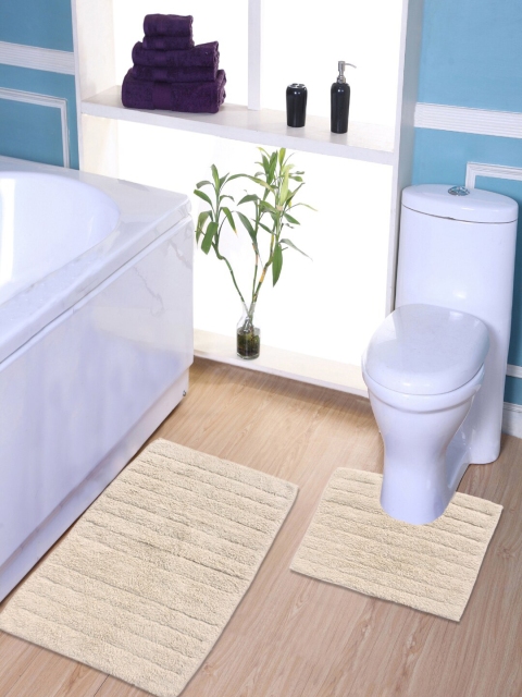 AVI Living Beige Striped Bath Rug With Contour Toilet Mat Set 1500 GSM