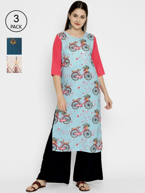 7Threads Women Pack Of 3 Multicoloured Quirky Printed Crepe Kurtas, Multi