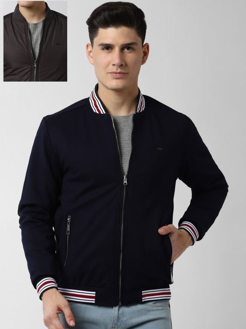 Peter England Casuals Men Navy Blue & Olive Green Solid Reversible Bomber Jacket